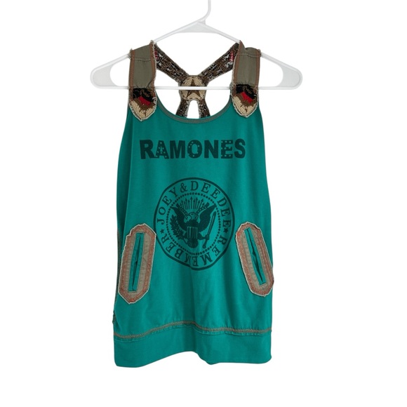 Vintage Ramones Green Crochet Detail Tank with Pockets XS - Picture 1 of 6
